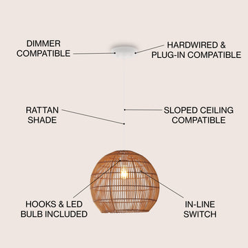 Raya 19" Farmhouse Coastal Rattan 180" Cord Plug-In or Hardwired LED Pendant - JONATHAN Y